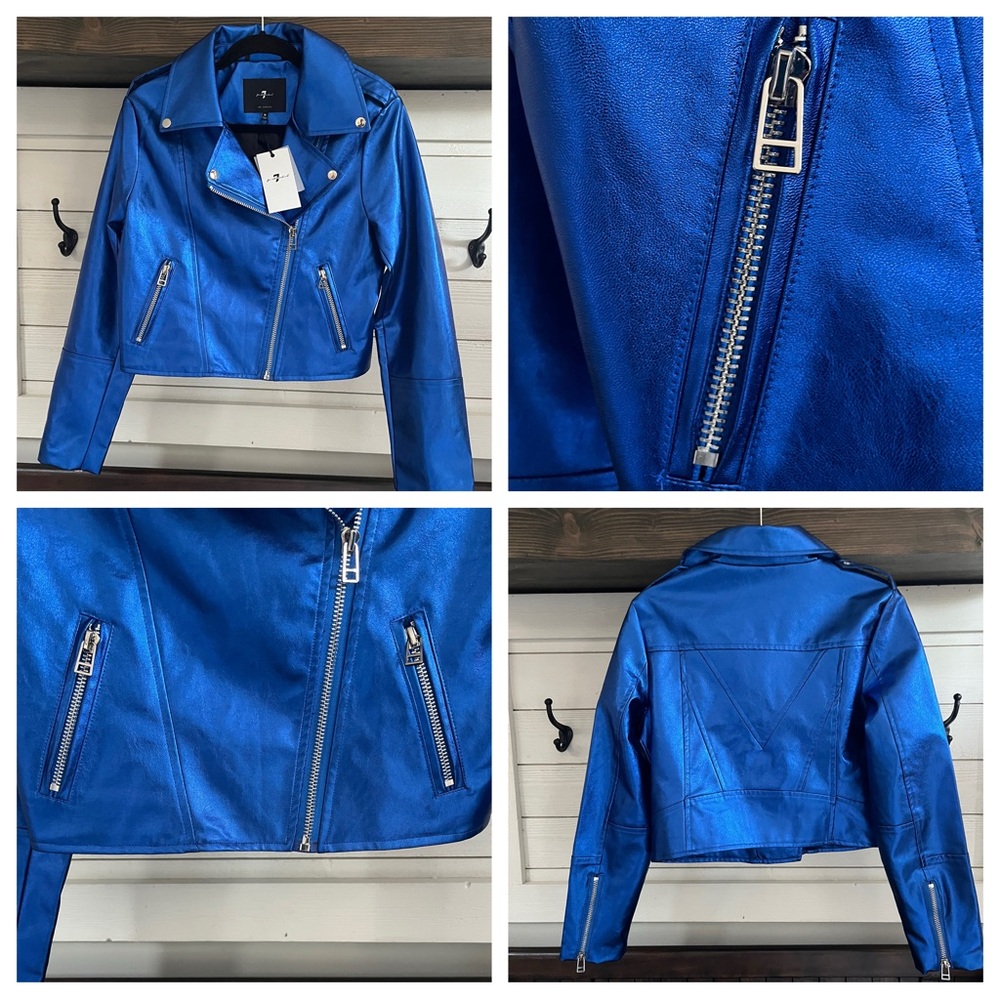 NWT 7 For All Mankind Faux Electric METALLIC Blue Moto / Biker Jacket Sz… - Picture 9 of 16